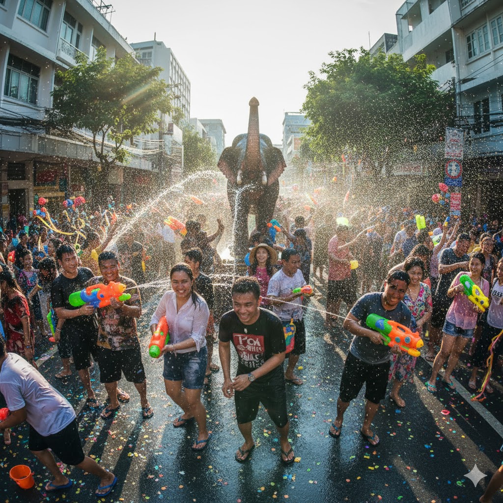 Travelers throwing water during Thailand’s Songkran festival under bright spring sunlight