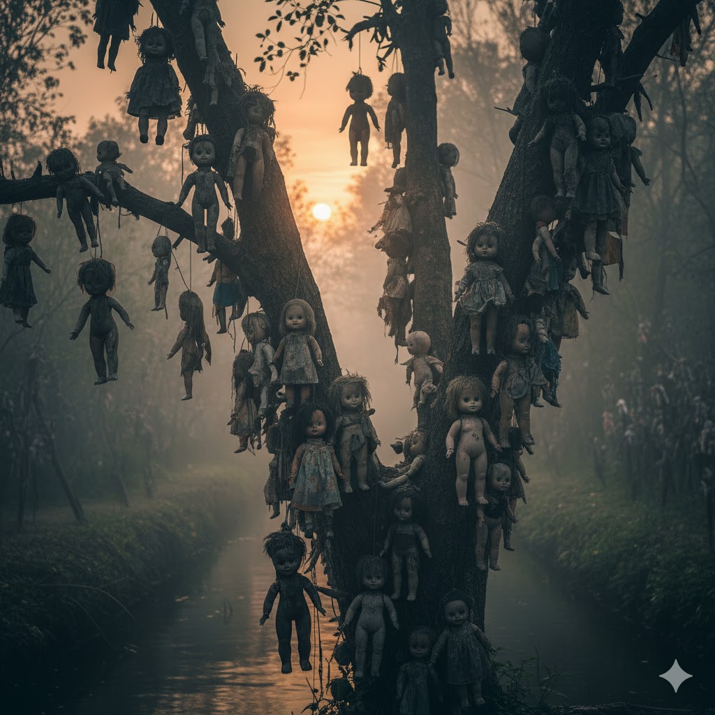 Tree filled with hanging weathered dolls on Mexico’s eerie Island of the Dolls. 