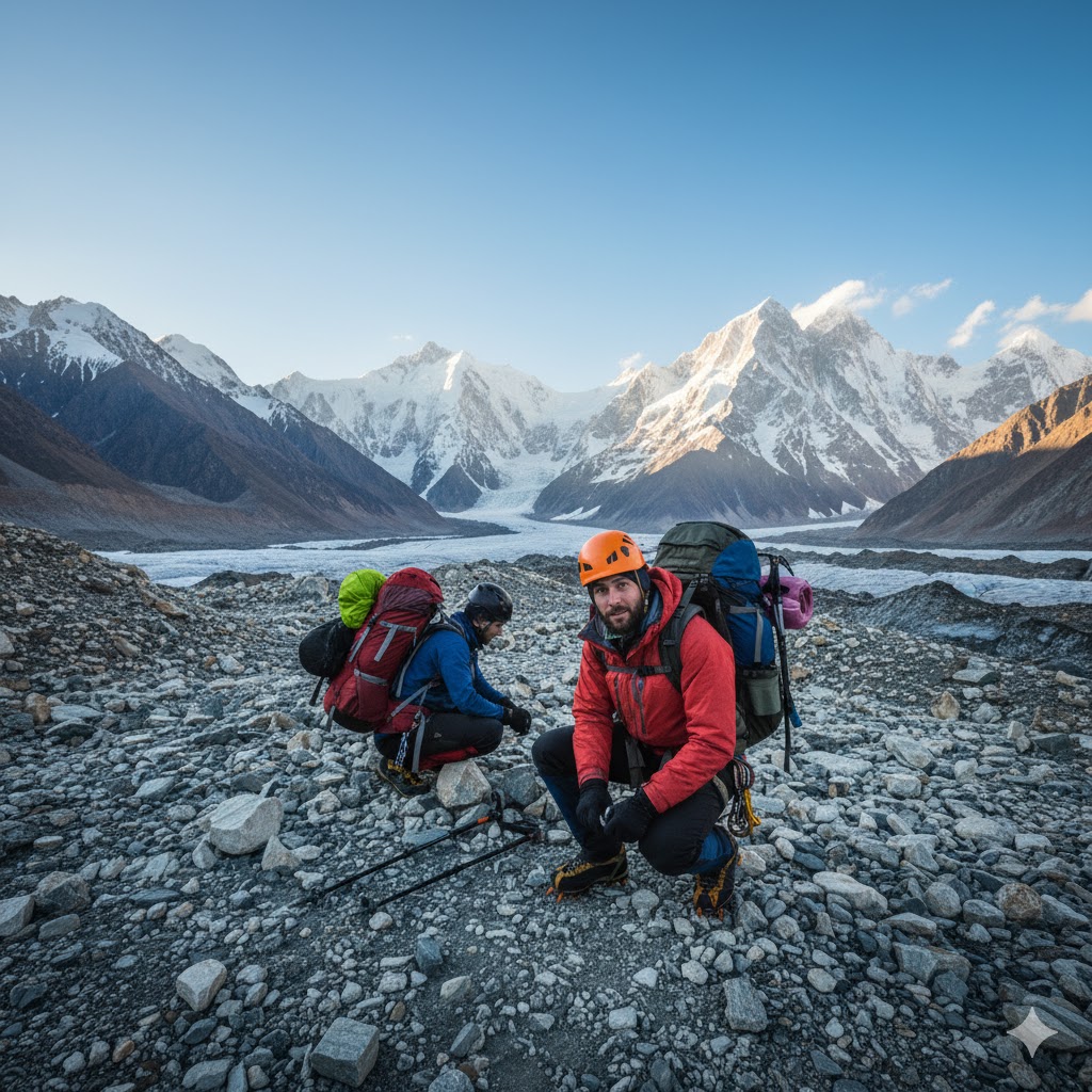 Trekker adjusting gear before starting a glacier trek