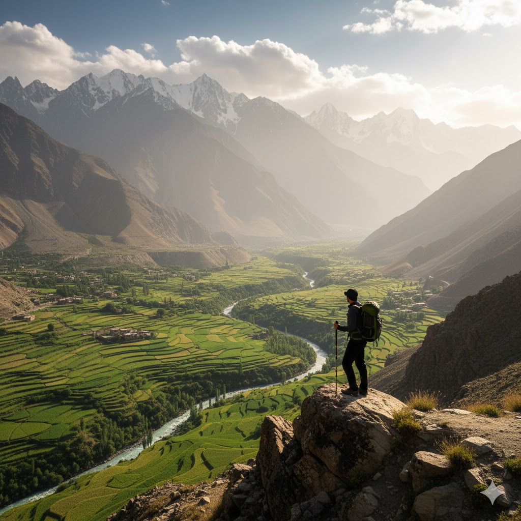 Trekker overlooking Hunza Valley mountain range