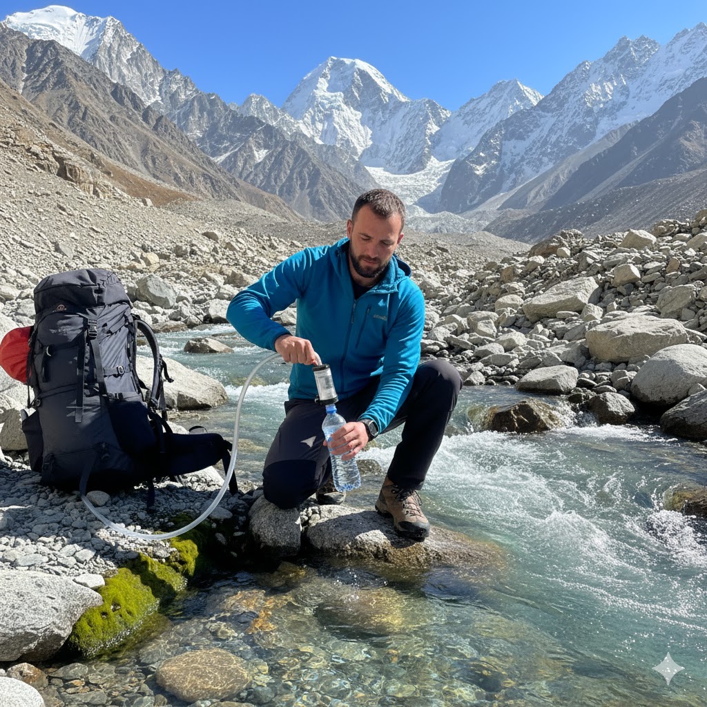 Trekker refilling water bottle at mountain stream