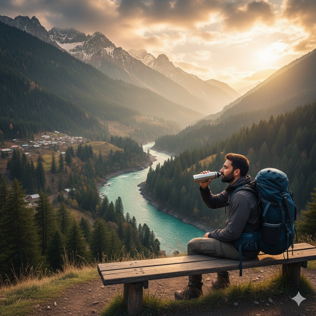 Trekker resting at viewpoint overlooking Neelum River valley and pine hills.