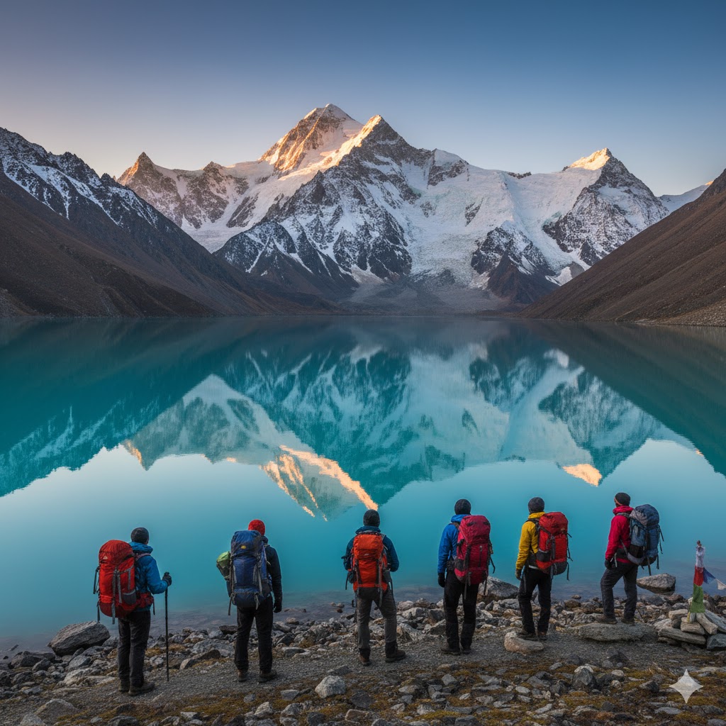Trekkers at Rush Lake viewpoint