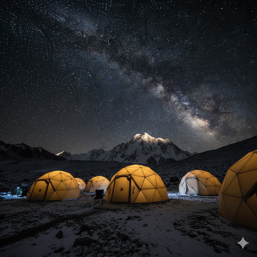 Trekkers camping in luxury dome tents under Milky Way