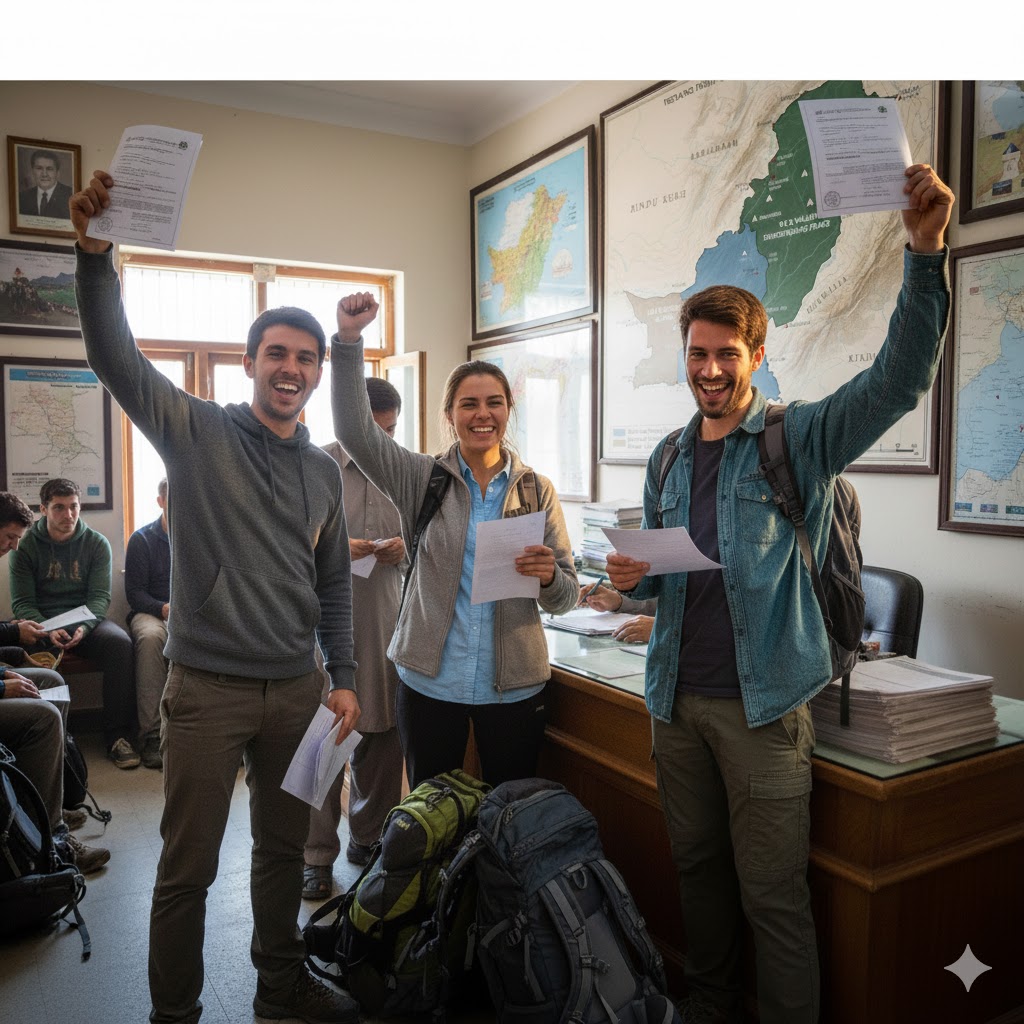 Trekkers celebrating with raised arms after receiving Pakistan trekking permits in Skardu 