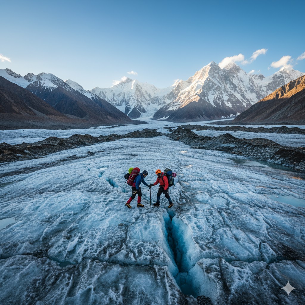 Trekkers crossing Batura Glacier with towering peaks in the background