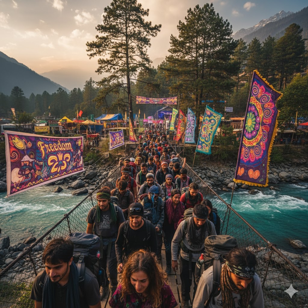 Trekkers crossing Parvati River bridge near Kasol during Freedom Festival weekend