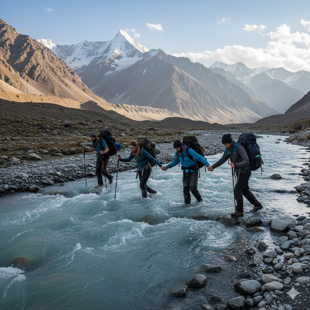 Trekkers crossing a glacial stream in Gilgit Baltistan