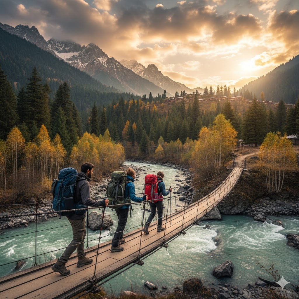 Trekkers crossing suspension bridge over Neelum River on the way to Arrang Kel