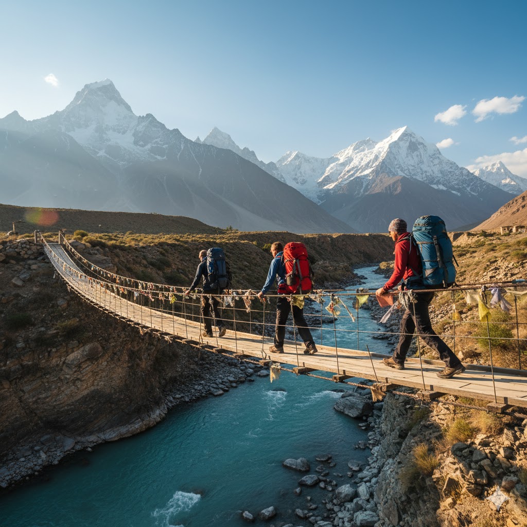 Trekkers crossing wooden bridge in Hunza Valley