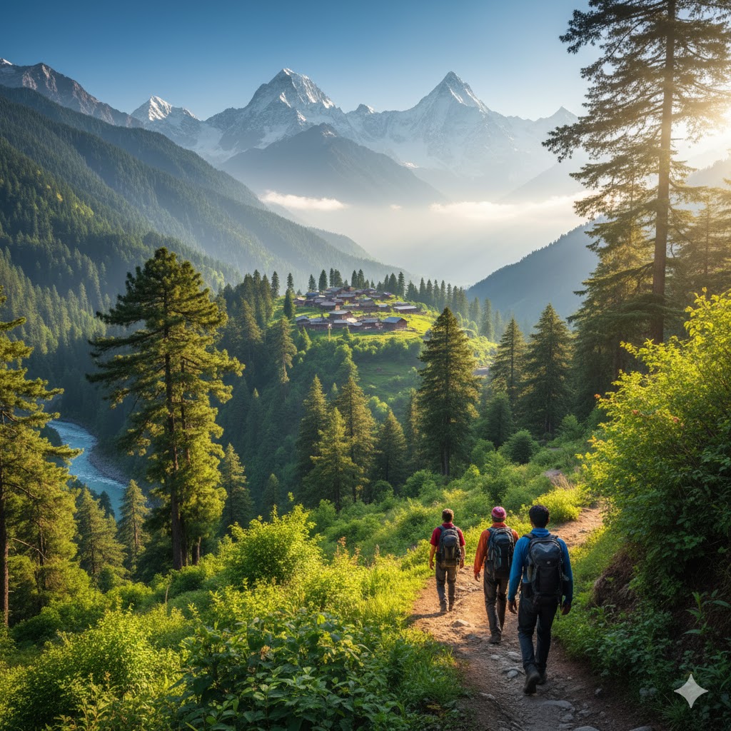 Trekkers hiking through green forest trail toward Arrang Kel village in Neelum Valley.