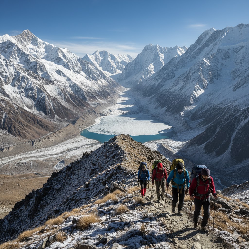 Trekkers hiking towards Rush Lake with snow-capped peaks around