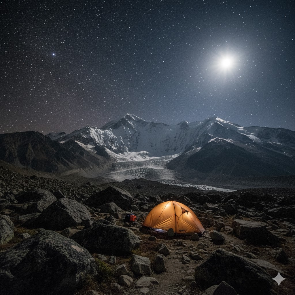 Trekker’s tent under stars with Nanga Parbat glacier glowing faintly in moonlight.