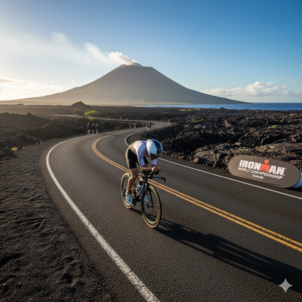 Triathlete cycling along volcanic road during Ironman World Championship 2026 Hawaii.