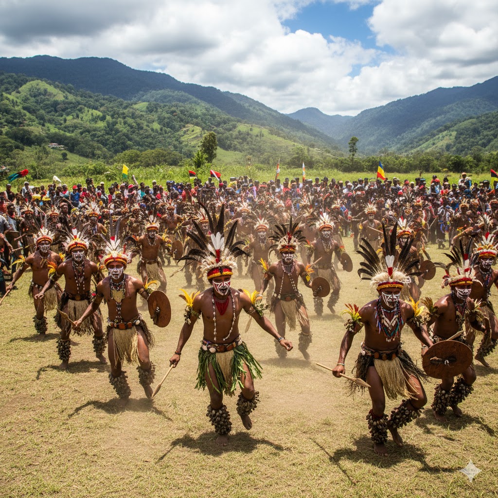 Tribal dancers in colorful attire during cultural festival, Papua New Guinea