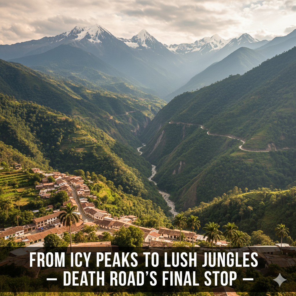 View of Coroico village surrounded by green mountains