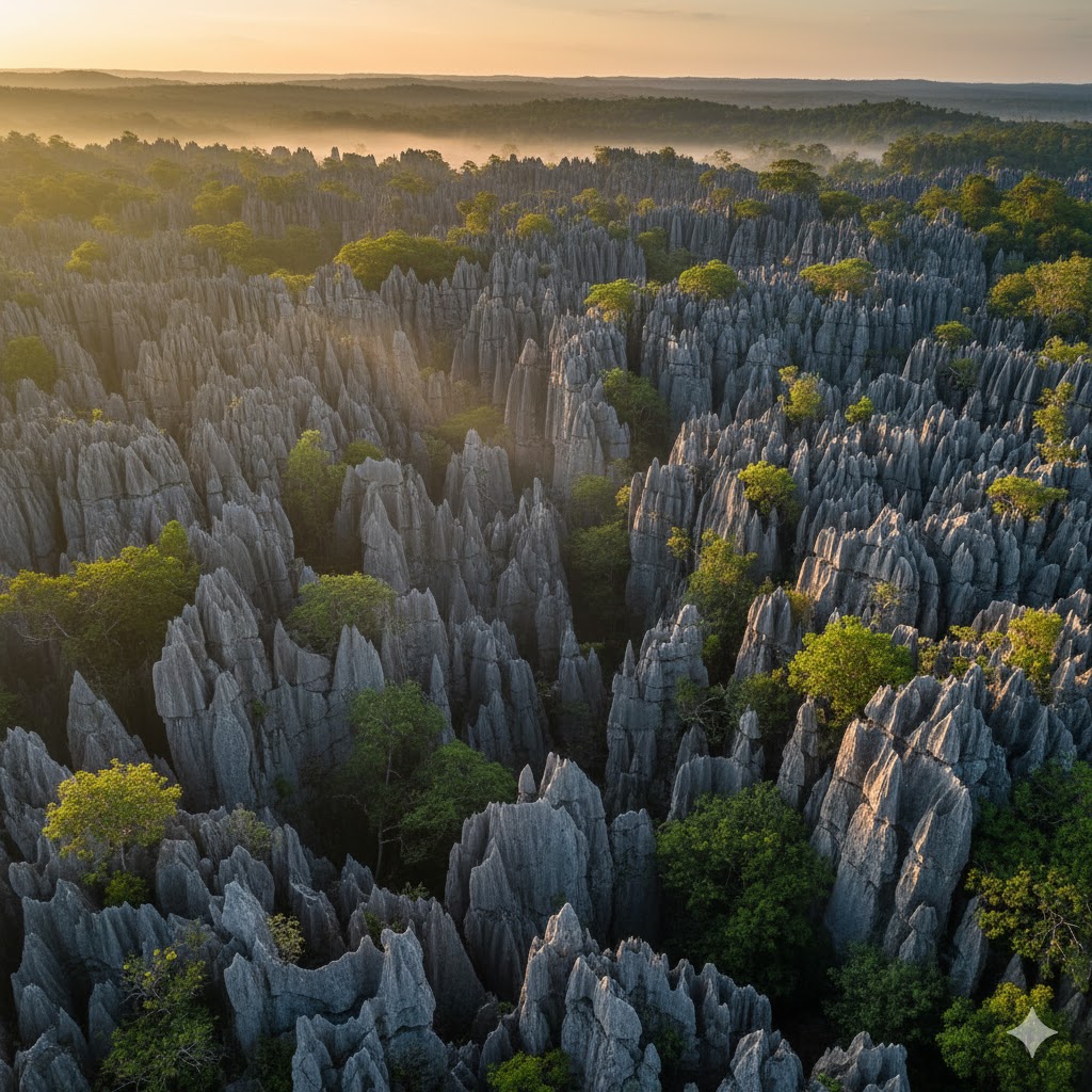 Tsingy limestone pinnacles and forest in Madagascar, unique travel landscape