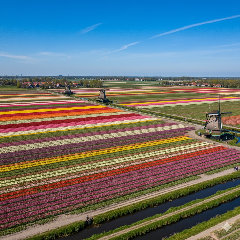 Tulip fields and windmills under clear Dutch skies