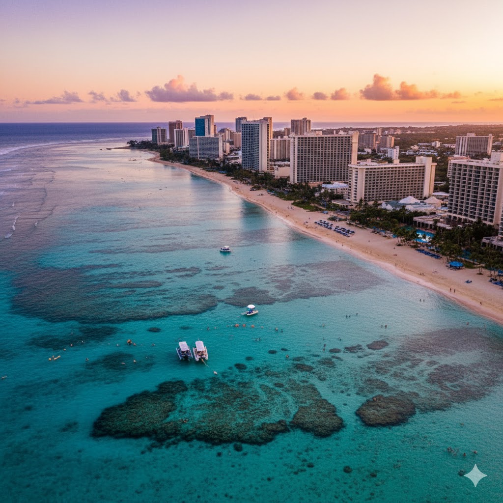 Tumon Bay's beautiful turquoise lagoon with the city skyline in the background, Guam!