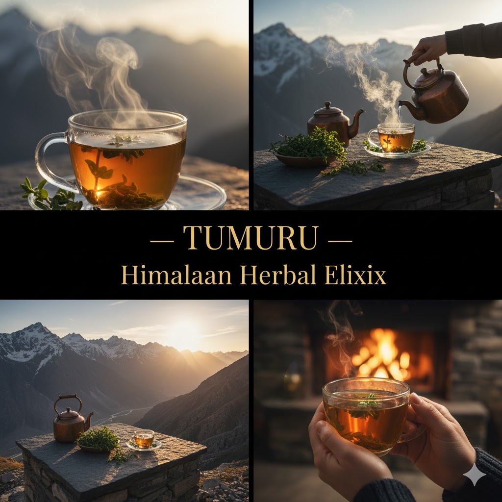 Tumuru herbal tea in clear cup with steam rising and mountains in background