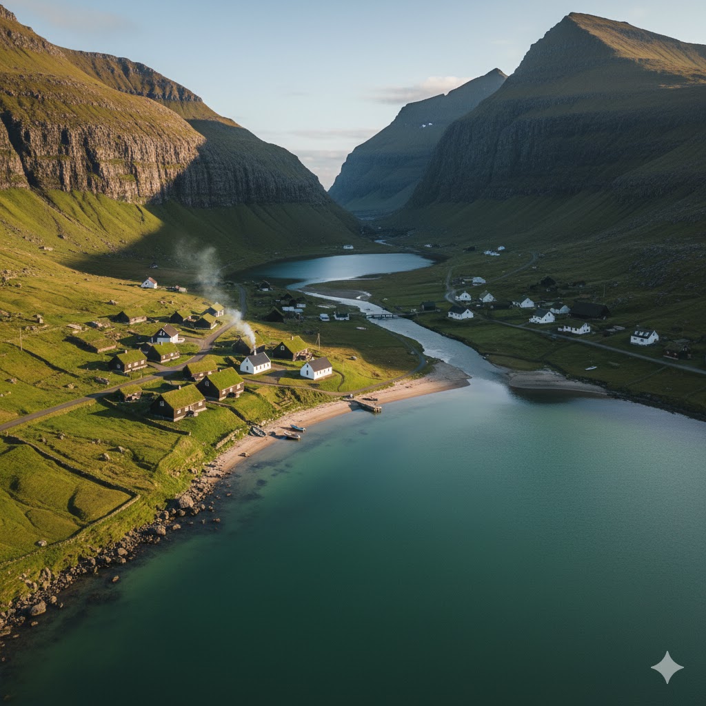 Turf-roofed village of Saksun nestled between cliffs and lagoon in the Faroe Islands.