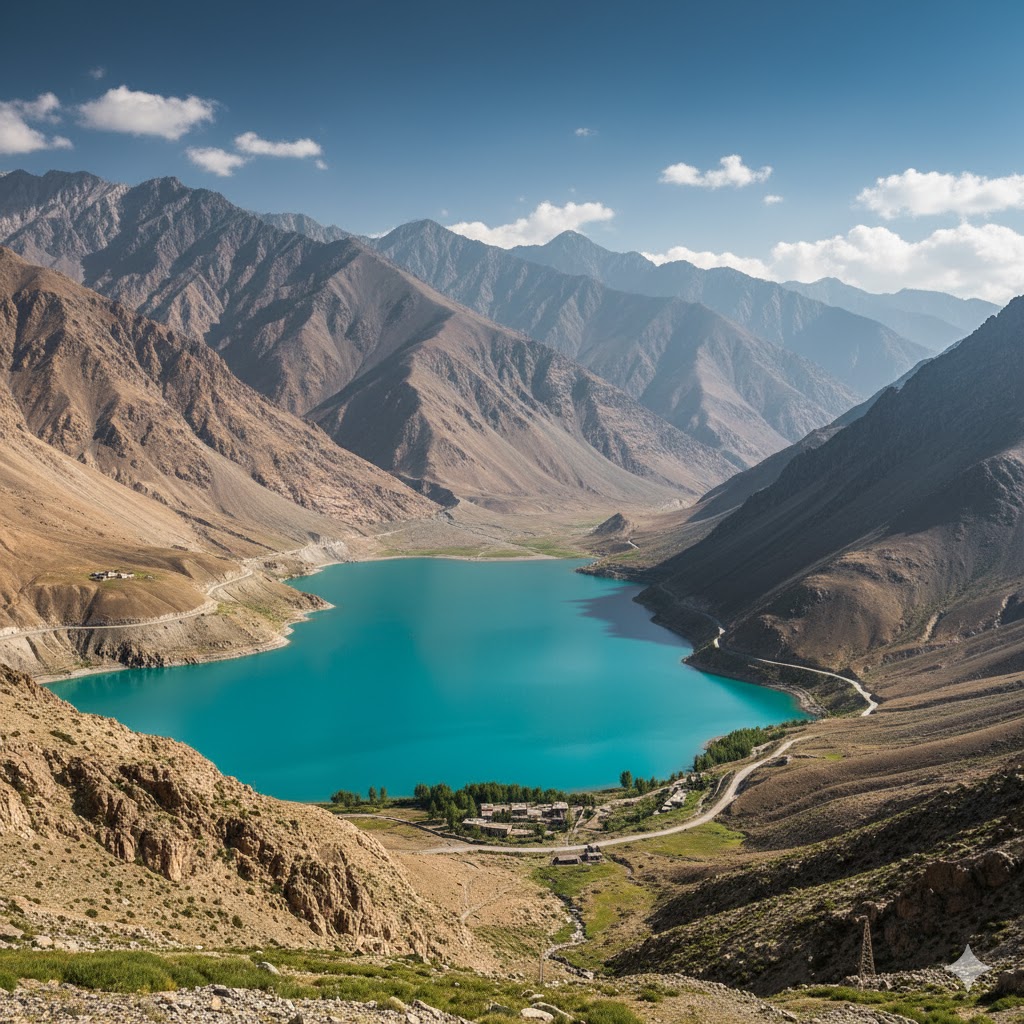 Turquoise Sadpara Lake surrounded by rugged peaks on the route to Deosai National Park Turquoise Sadpara Lake surrounded by rugged peaks on the route to Deosai National Park