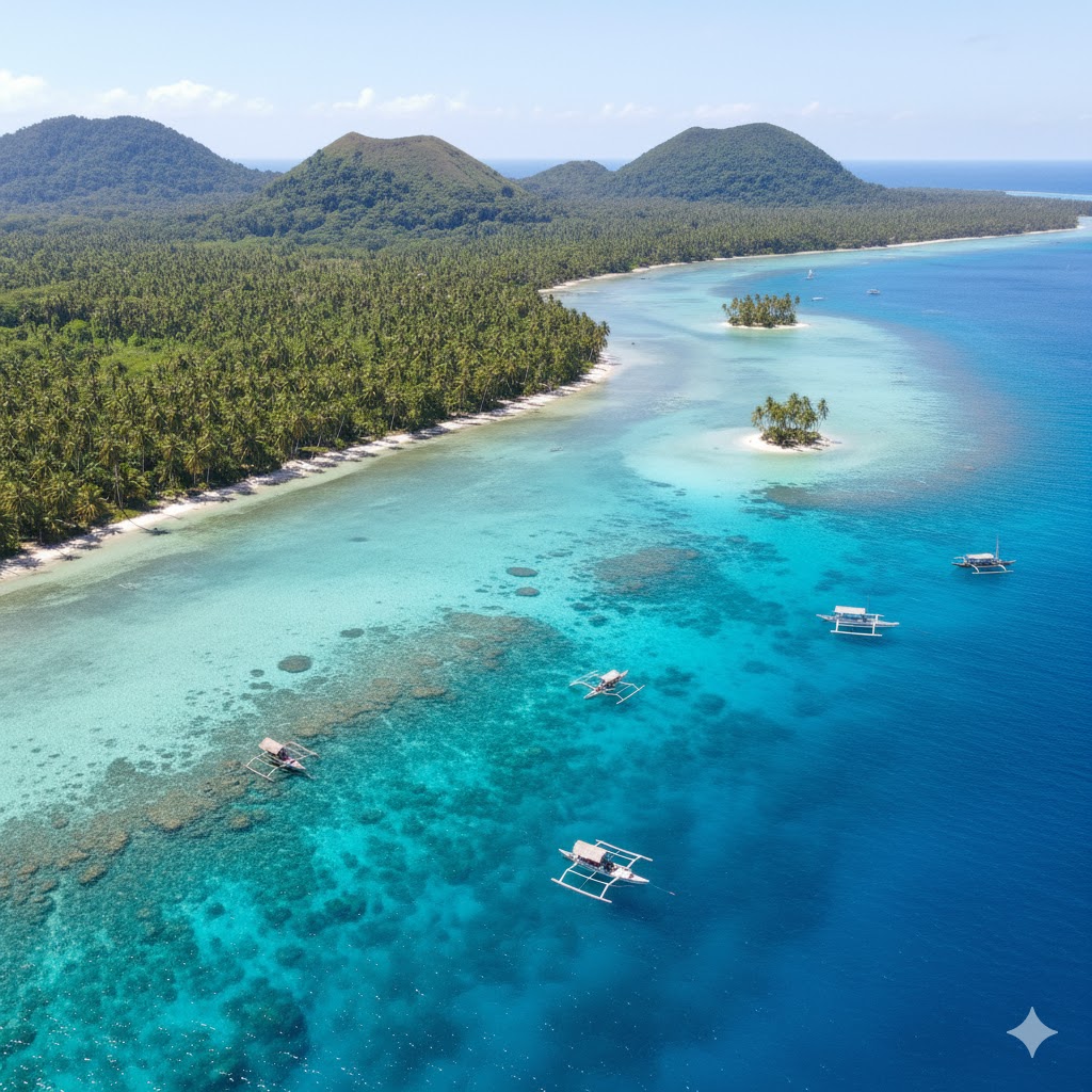 Turquoise lagoon with palm-fringed coastline and volcanic hills, Wallis and Futuna