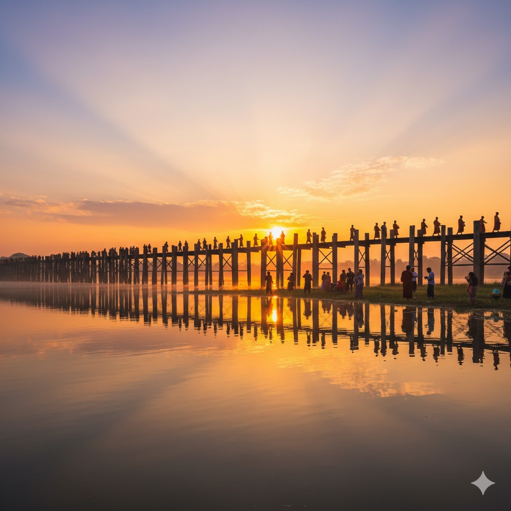 U Bein Bridge glowing under sunrise with monks walking, Mandalay, Myanmar. U Bein Bridge glowing under sunrise with monks walking, Mandalay, Myanmar.