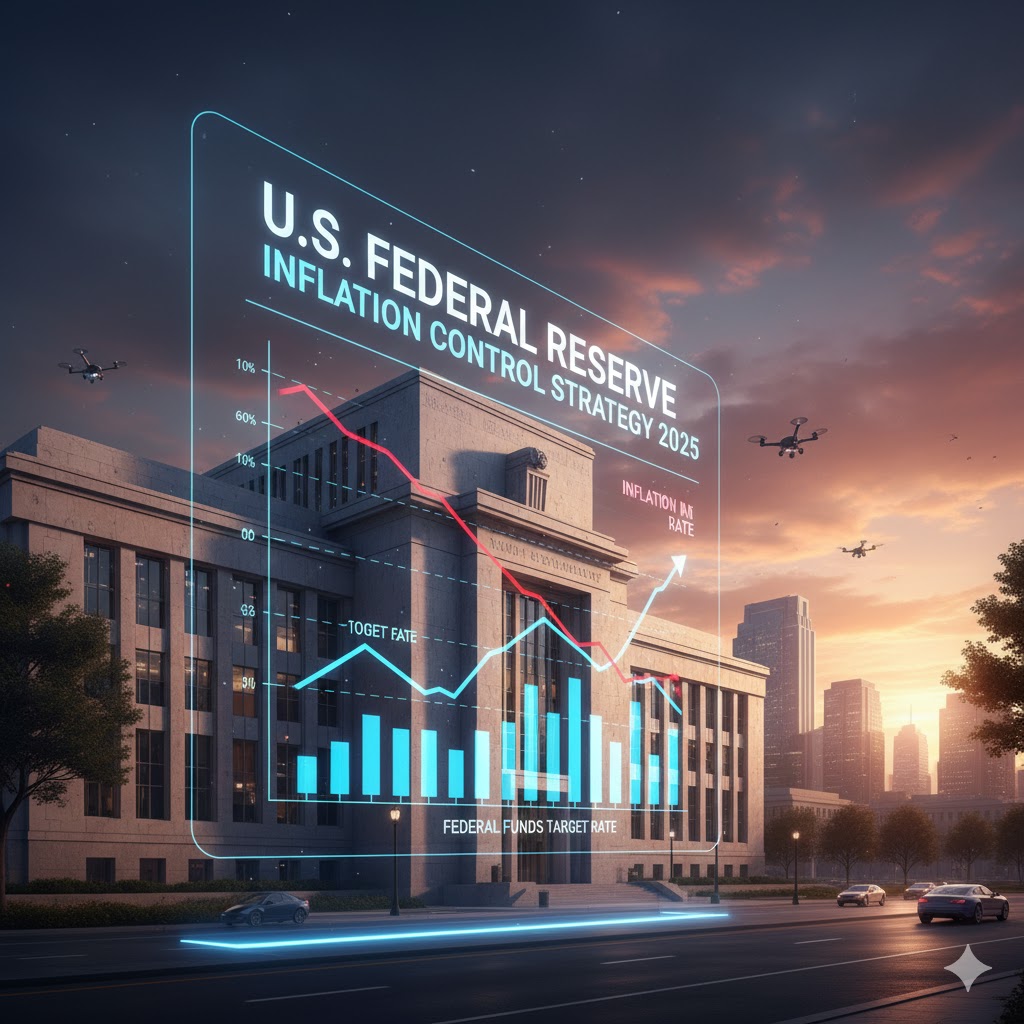U.S. Federal Reserve building with charts indicating inflation control strategy 2025)