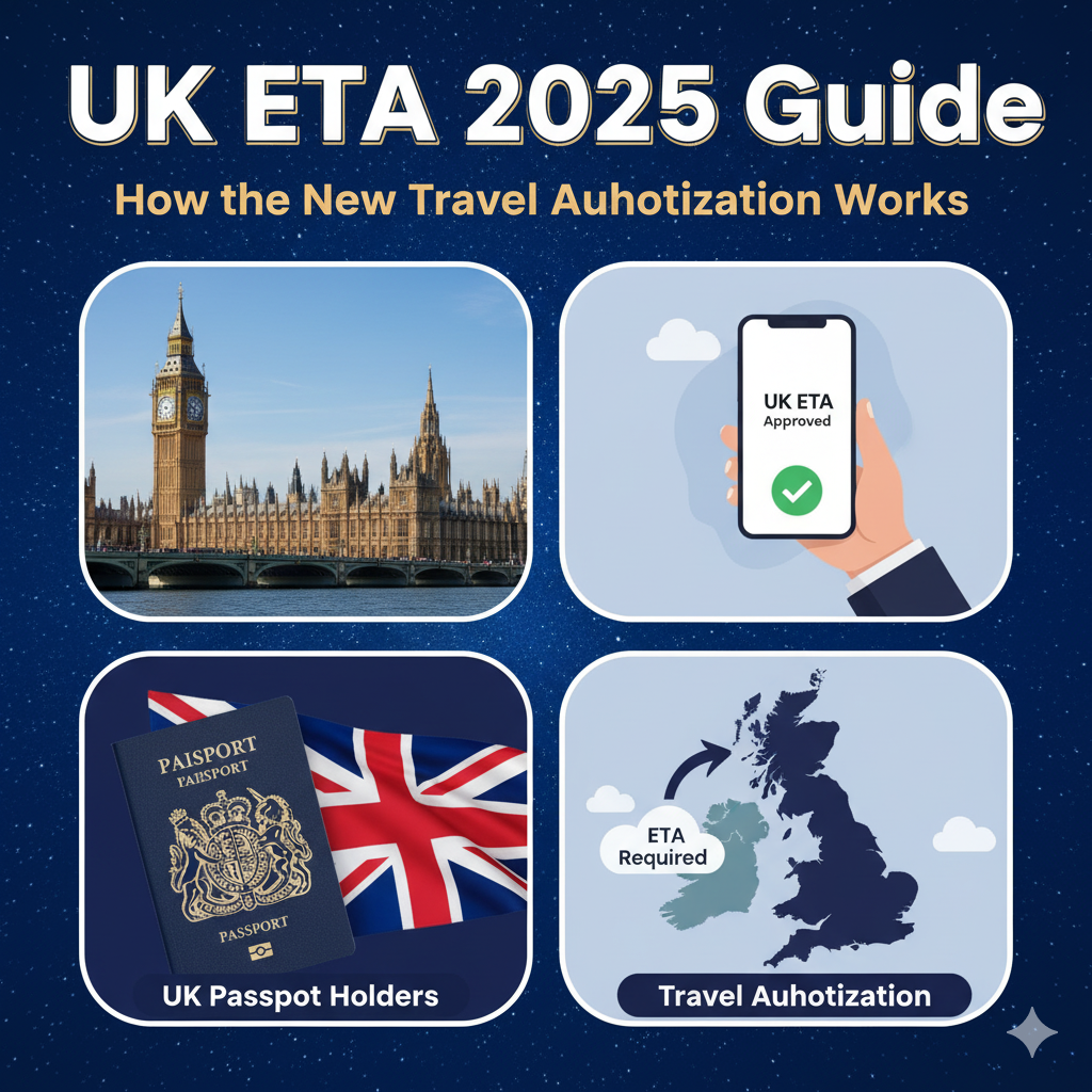 Infographic explaining the UK ETA 2025 travel authorization system for visitors entering the United Kingdom under the new digital entry rules