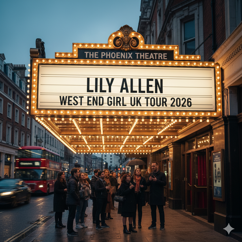 Theatre sign announcing Lily Allen’s West End Girl tour