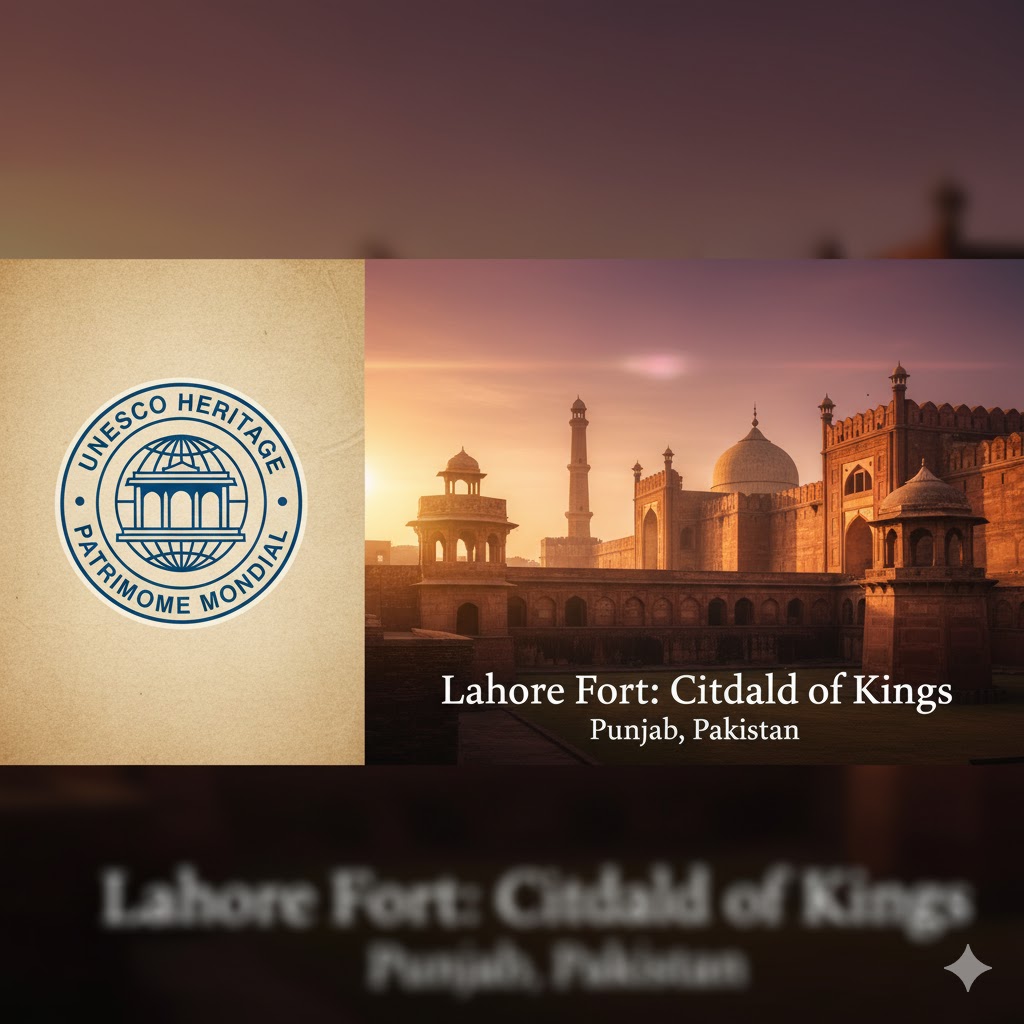 UNESCO World Heritage logo beside Lahore Fort imagery