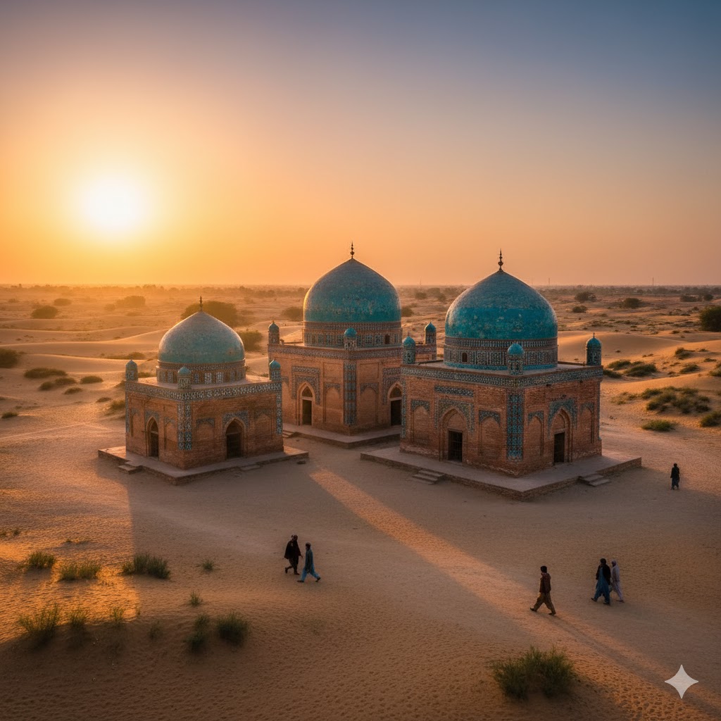 Uch Sharif shrine surrounded by blue mosaic domes under a golden desert sunset.
