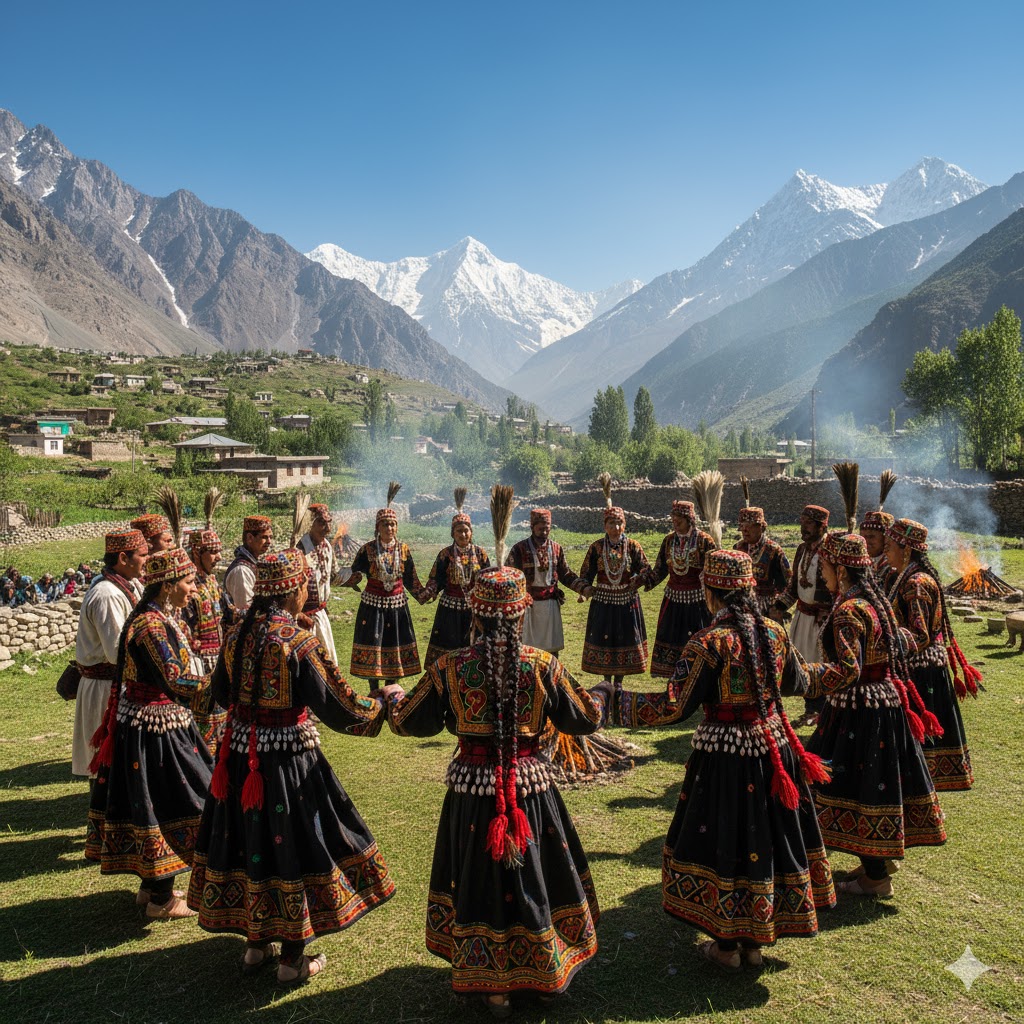 Uchal Kalash Festival with traditional dances, vibrant costumes, and community rituals in Chitral valley.