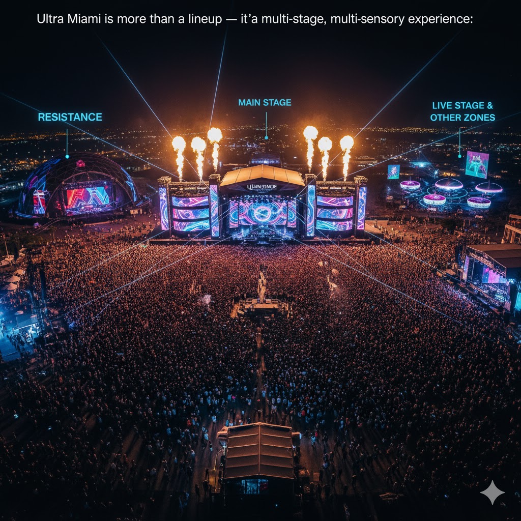 Ultra Miami is more than a lineup — it’s a multi-stage, multi-sensory experience:
Main Stage: The iconic centerpiece with headliners, pyrotechnics, and massive LED screens.
RESISTANCE Stage: Dedicated to house and techno lovers with cutting-edge visuals.
Live Stage & Other Zones: Surprise sets, emerging DJs, and immersive AR/VR experiences.