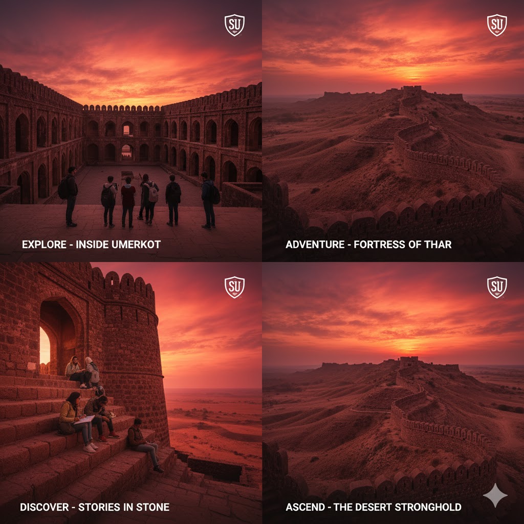 Umerkot Fort in the Thar Desert glowing under a crimson sunset