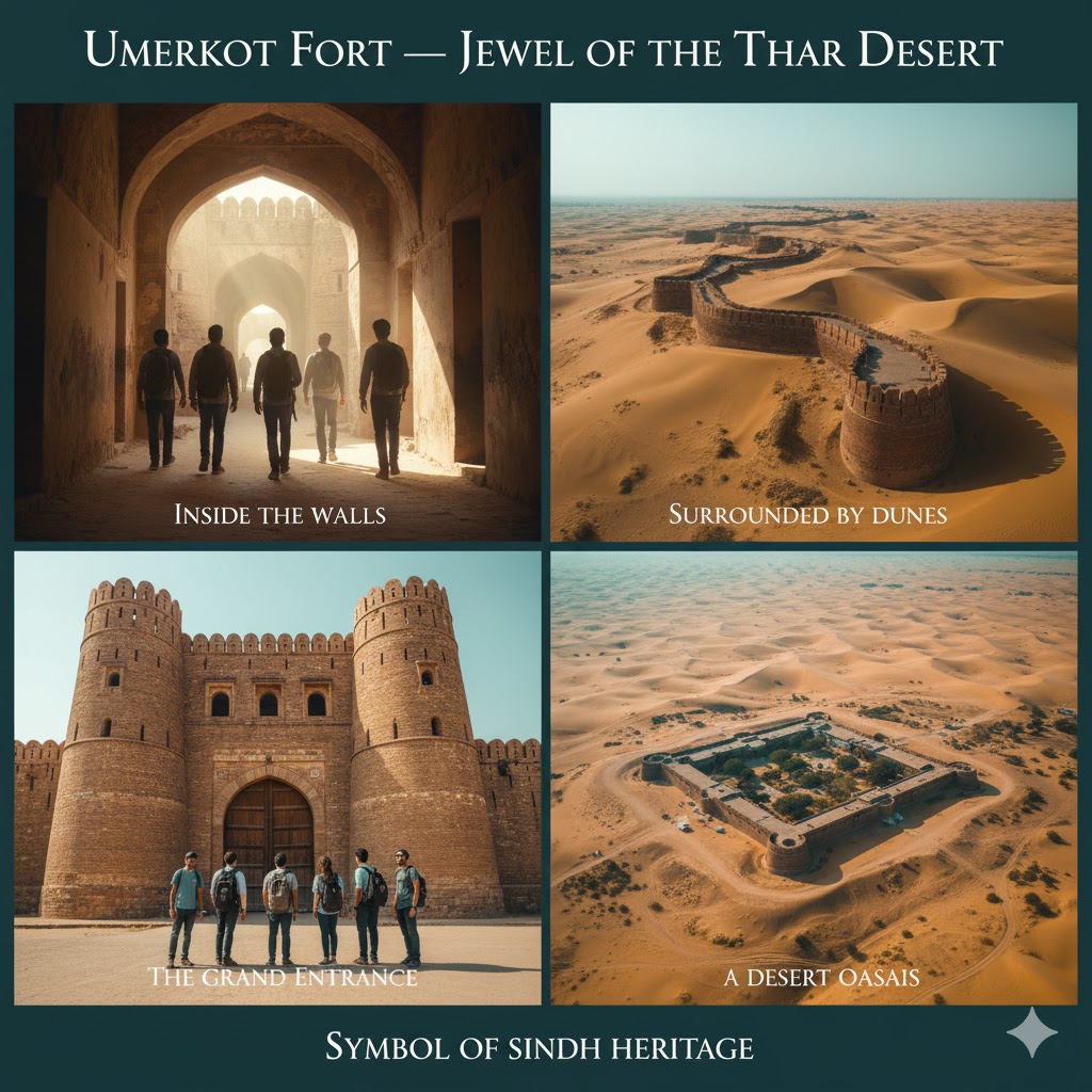 Umerkot Fort walls surrounded by Thar Desert dunes, symbol of Sindh heritage forts