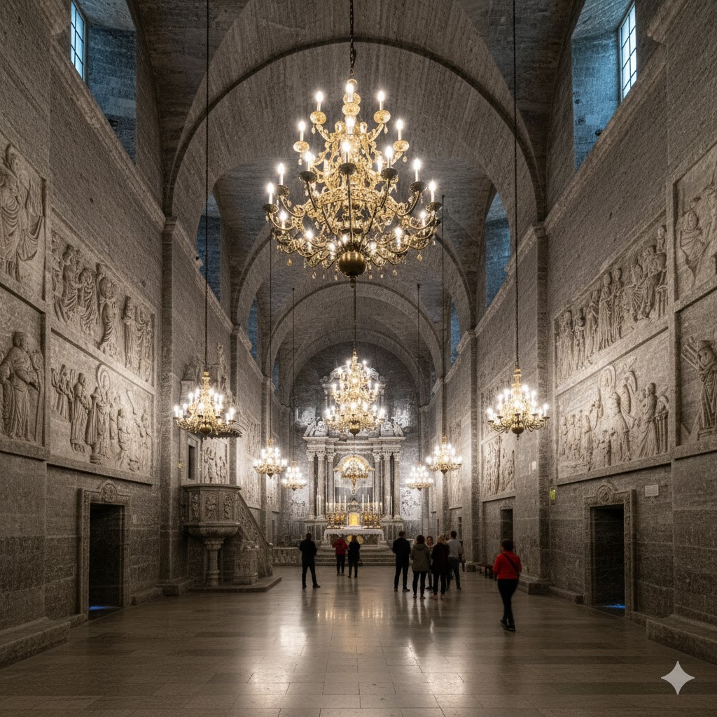 Underground salt cathedral with chandeliers and carved altars in Wieliczka Mine, Poland. Underground salt cathedral with chandeliers and carved altars in Wieliczka Mine, Poland.