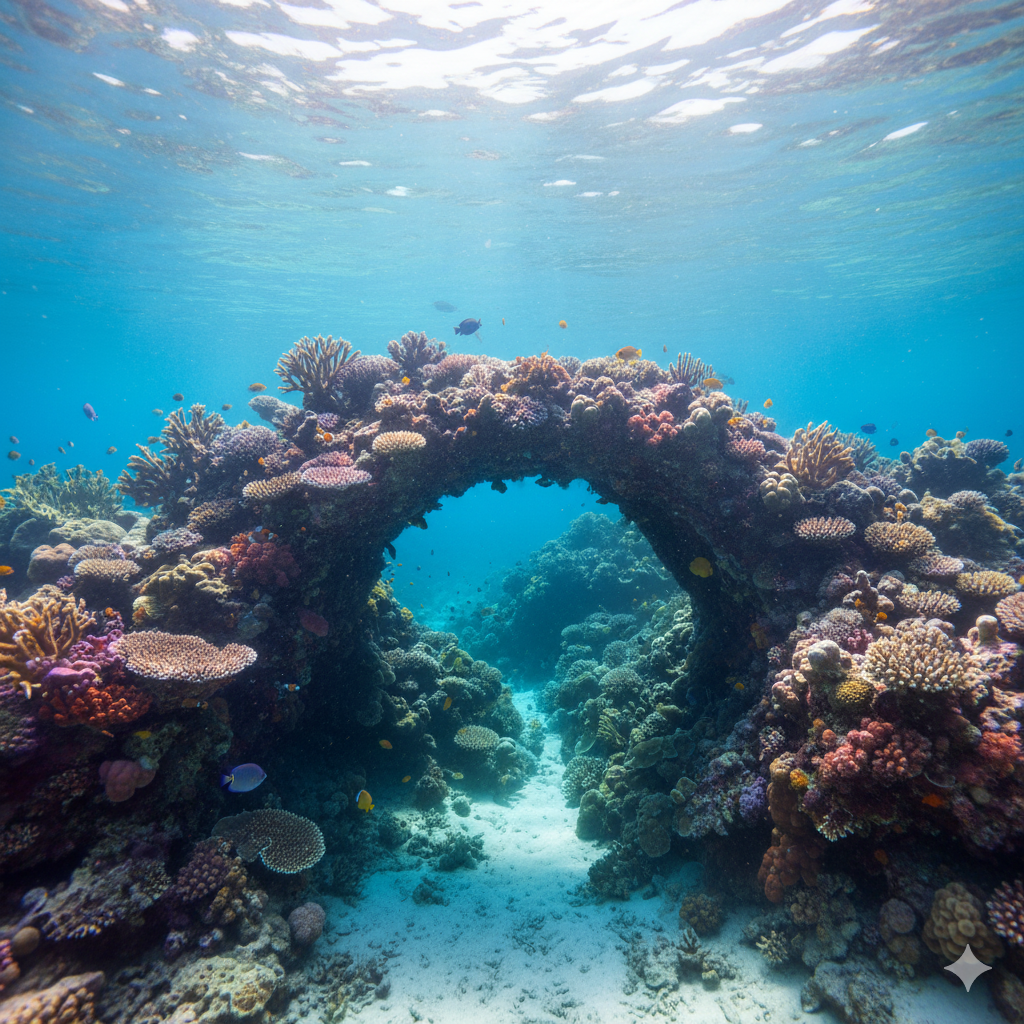 micro coral bridge swim through coral arch underwater