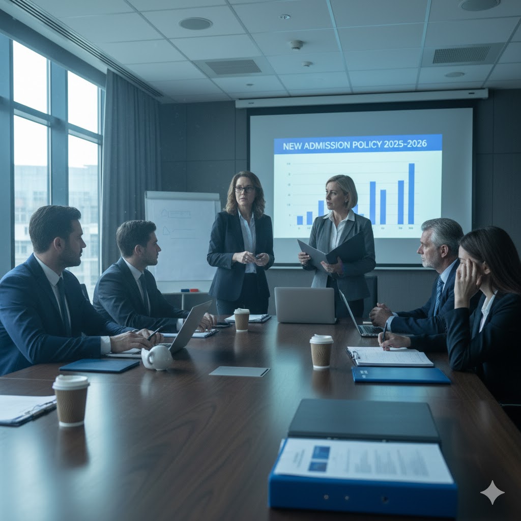 University administrative staff discussing admission policy in meeting room