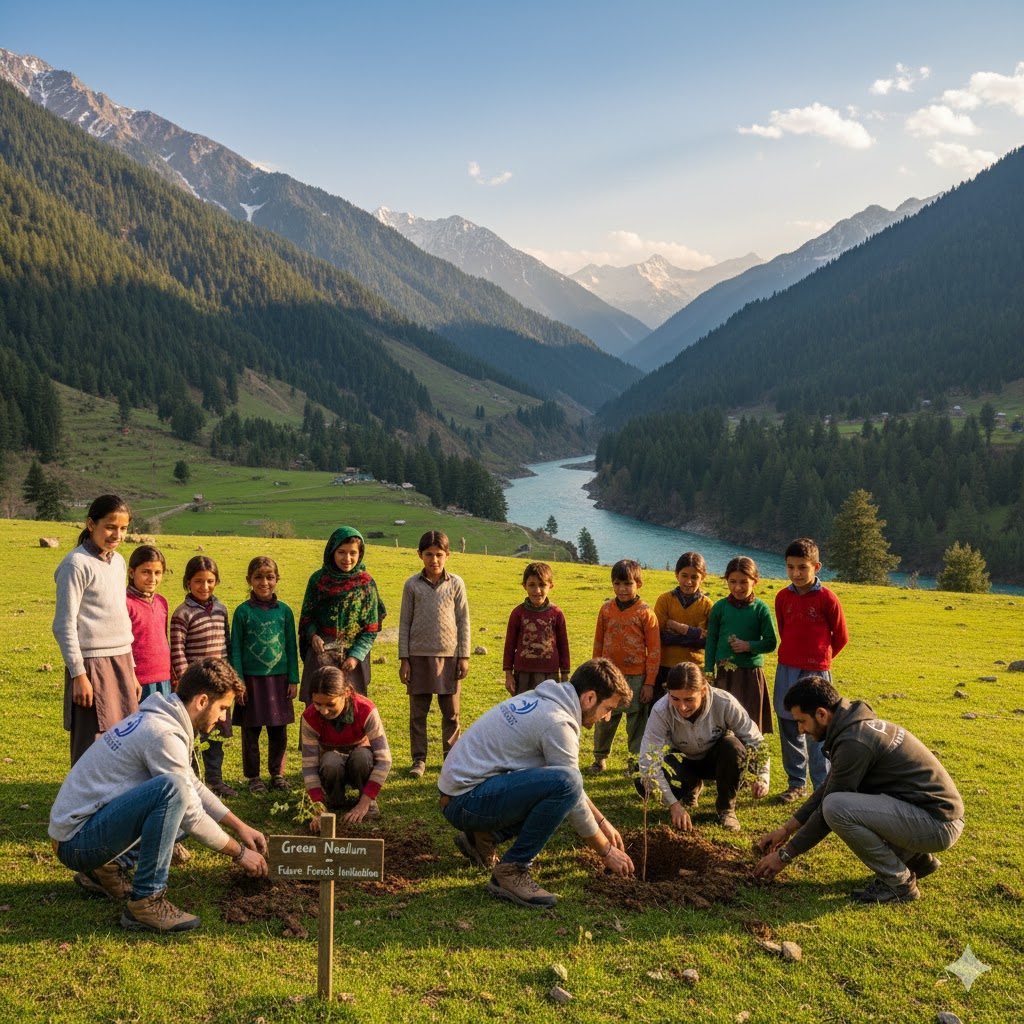University volunteers planting saplings in Neelum Valley with school children