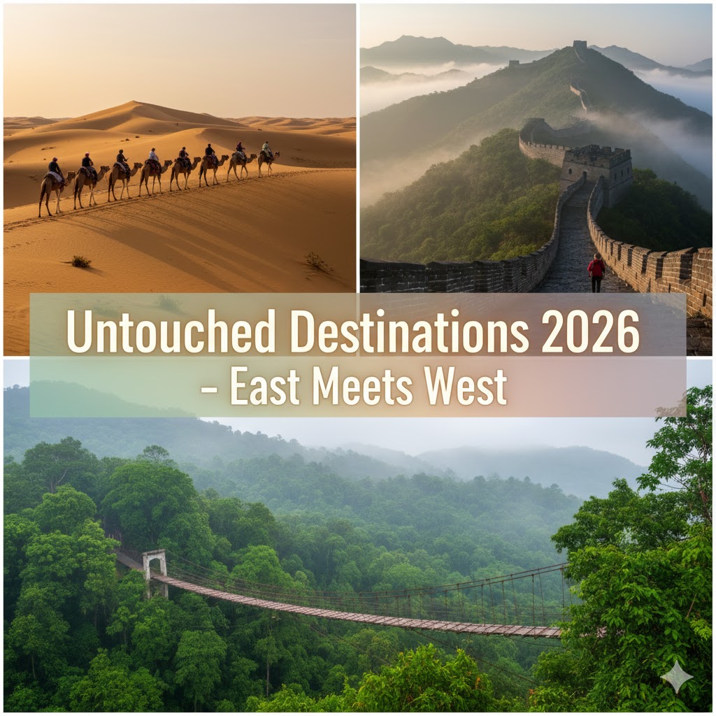 featuring a camel caravan in Oman, the Great Wall in China, and a Costa Rica rainforest, with the tropical overlay text 'Untouched Destinations 2026 – East Meets West