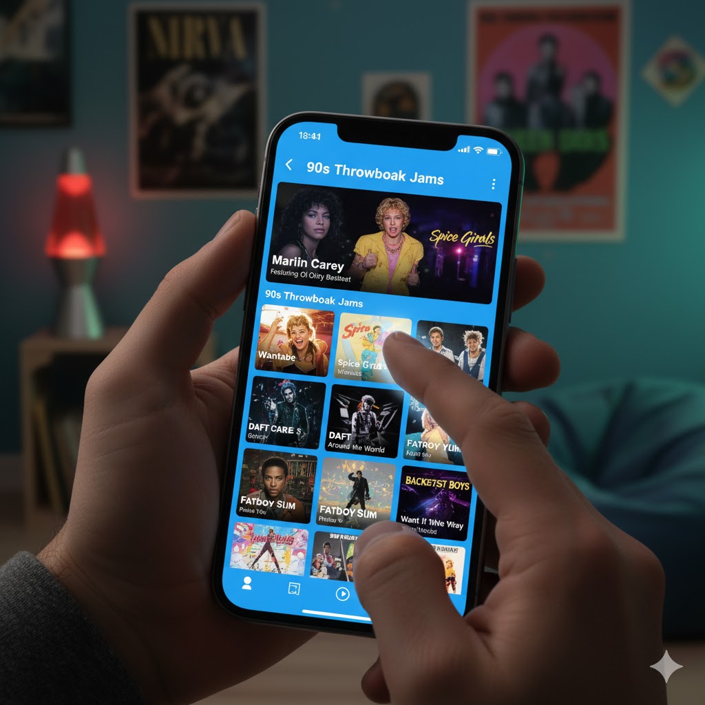User scrolling through nostalgic 90s music videos on smartphone streaming app