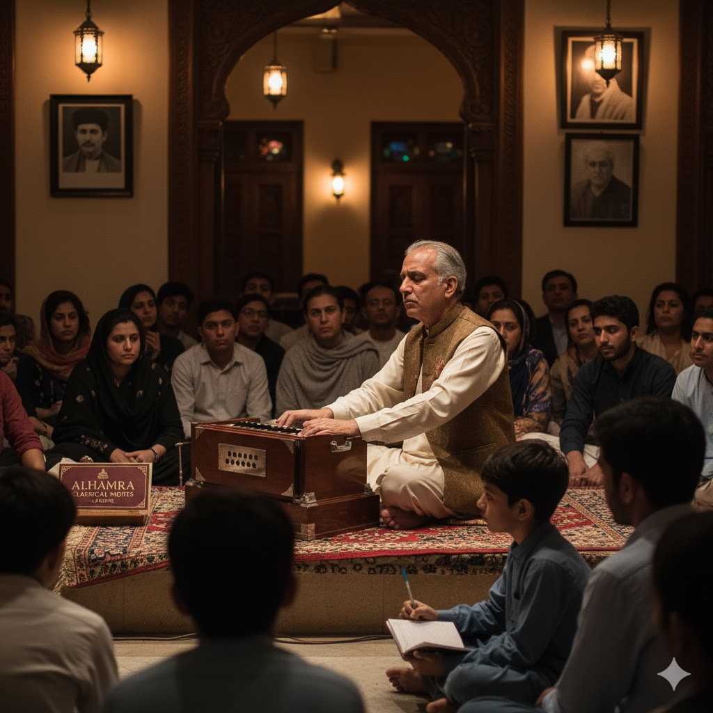 Ustad performing on harmonium during Alhamra classical night in Lahore, surrounded by students and listeners. Ustad performing on harmonium during Alhamra classical night in Lahore, surrounded by students and listeners.