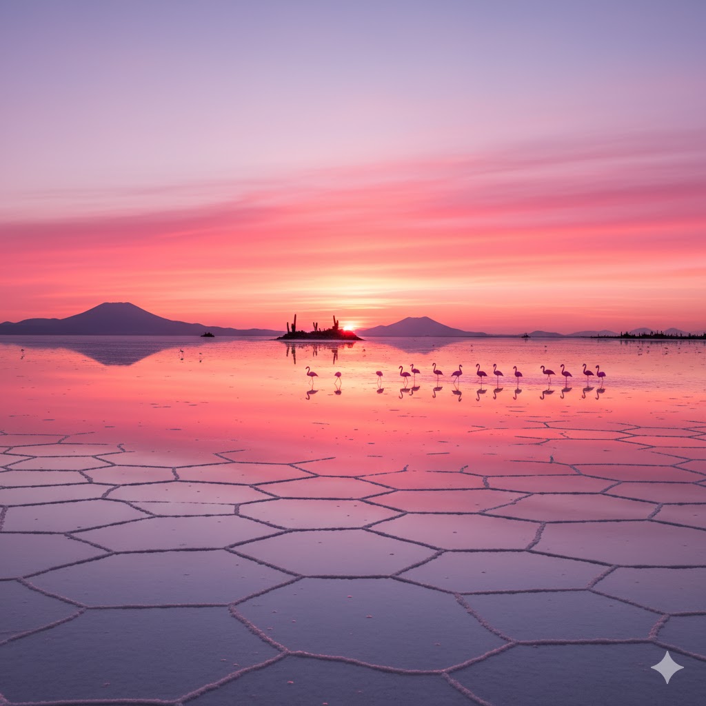 Uyuni Salt Flats under pink sunrise, Bolivia