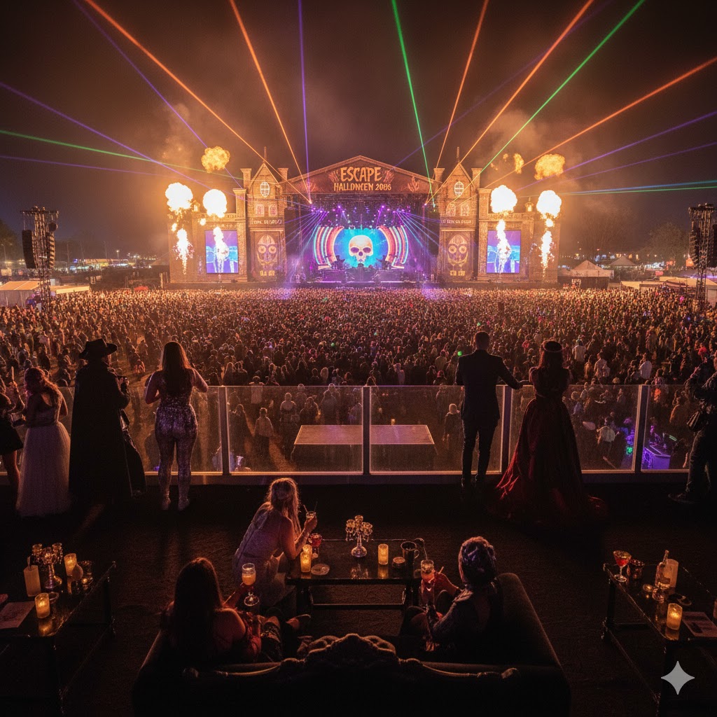 VIP area with elevated view of festival crowd and main stage at Escape Halloween Festival 2026