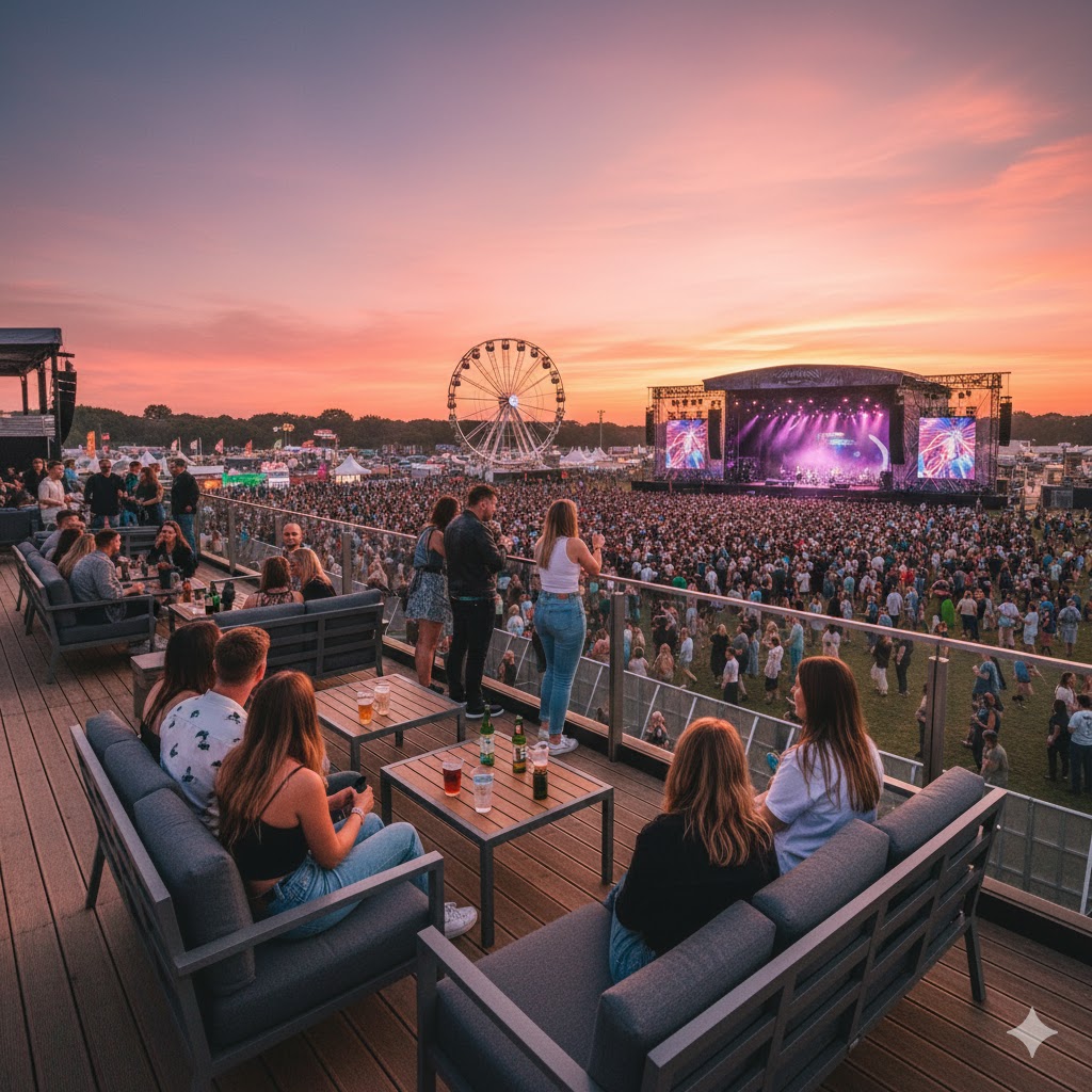 VIP viewing deck at Neighbourhood Weekender overlooking main stage at sunset. 