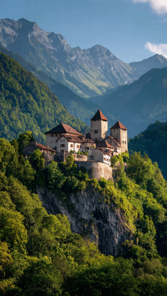 Vaduz Castle on a forested hill overlooking mountain valleys, Liechtenstein