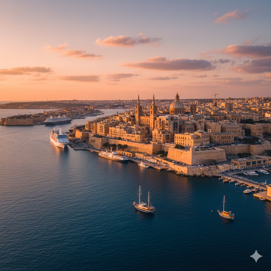 Valletta city skyline and harbor glowing under golden sunset, Malta