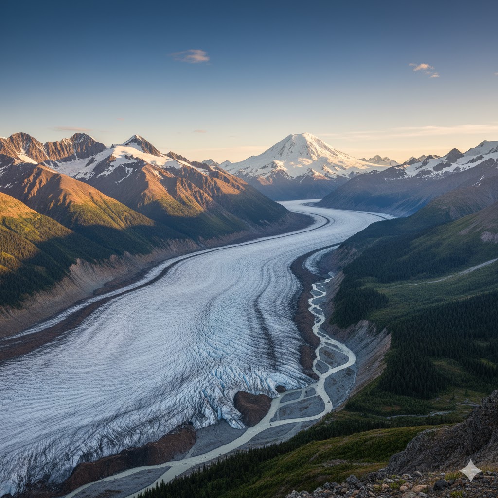 Vast glacier valley surrounded by peaks in Wrangell–St. Elias National Park, Alaska.